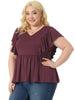 Plus Size Tops for Women V Neck Ruffle Sleeve Pleated Peplum Blouse
