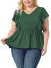 Plus Size Tops for Women V Neck Ruffle Sleeve Pleated Peplum Blouse