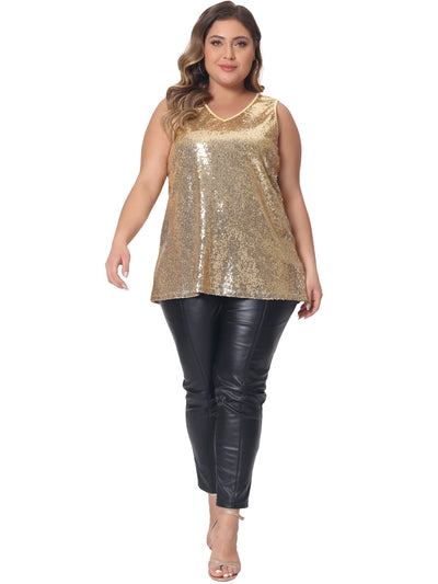 Bublédon Plus Size Tops for Women Sleeveless Sparkle Shimmer Glitter Sequin V Neck Tank Top