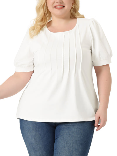 Plus Size Puff Short Sleeve Crew Neck Pleated Tunic Blouses