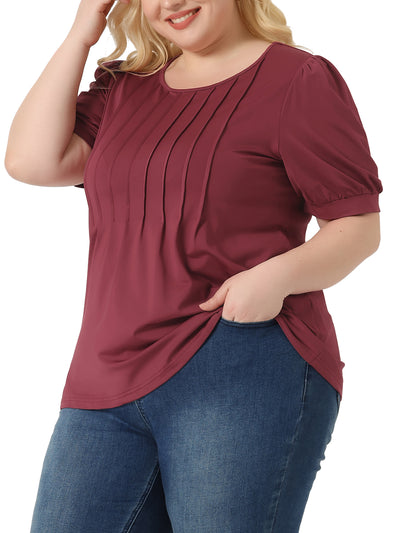 Plus Size Puff Short Sleeve Crew Neck Pleated Tunic Blouses