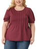 Plus Size Puff Short Sleeve Crew Neck Pleated Tunic Blouses