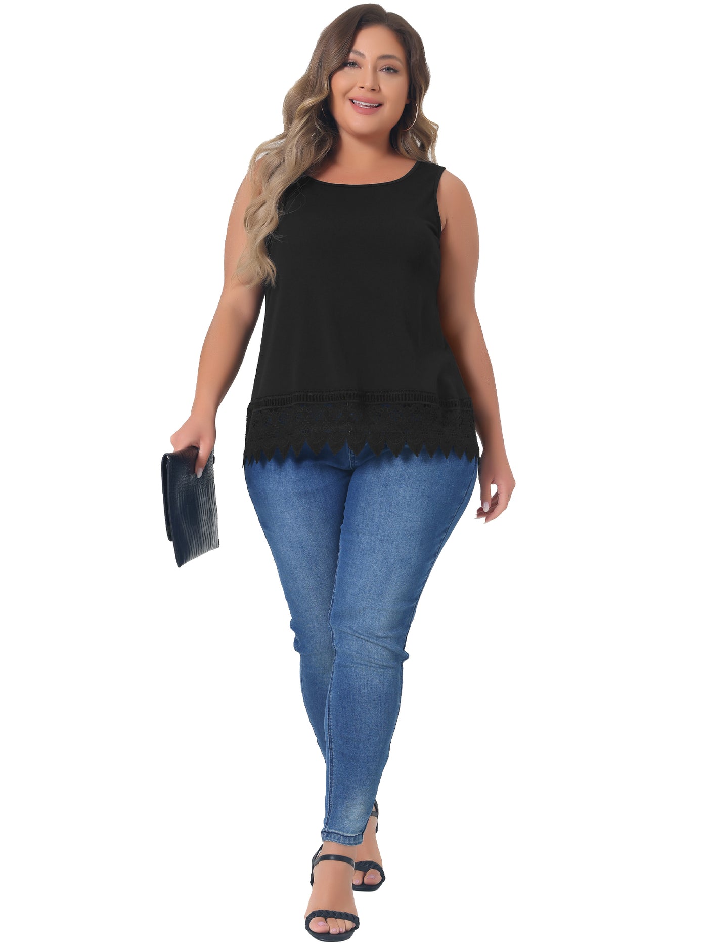 Plus Size Tank Round Neck Swing Lace Panel Flowy Tops
