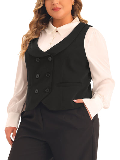 Plus Size Waistcoat Double Breasted Vintage Lapel Collar Vest Coat with 2 Pockets