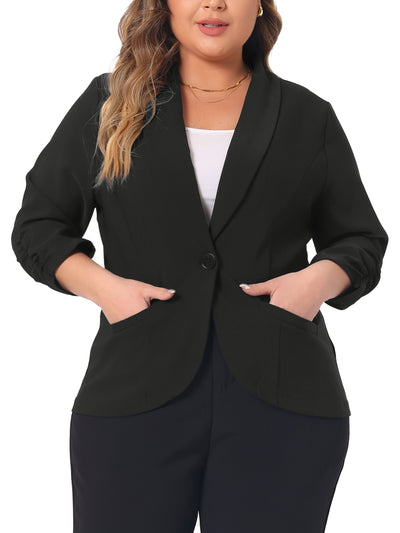 Plus Size Blazer for Women 3/4 Ruched Sleeve Open Front Lightweight Work Office Suit Jacket
