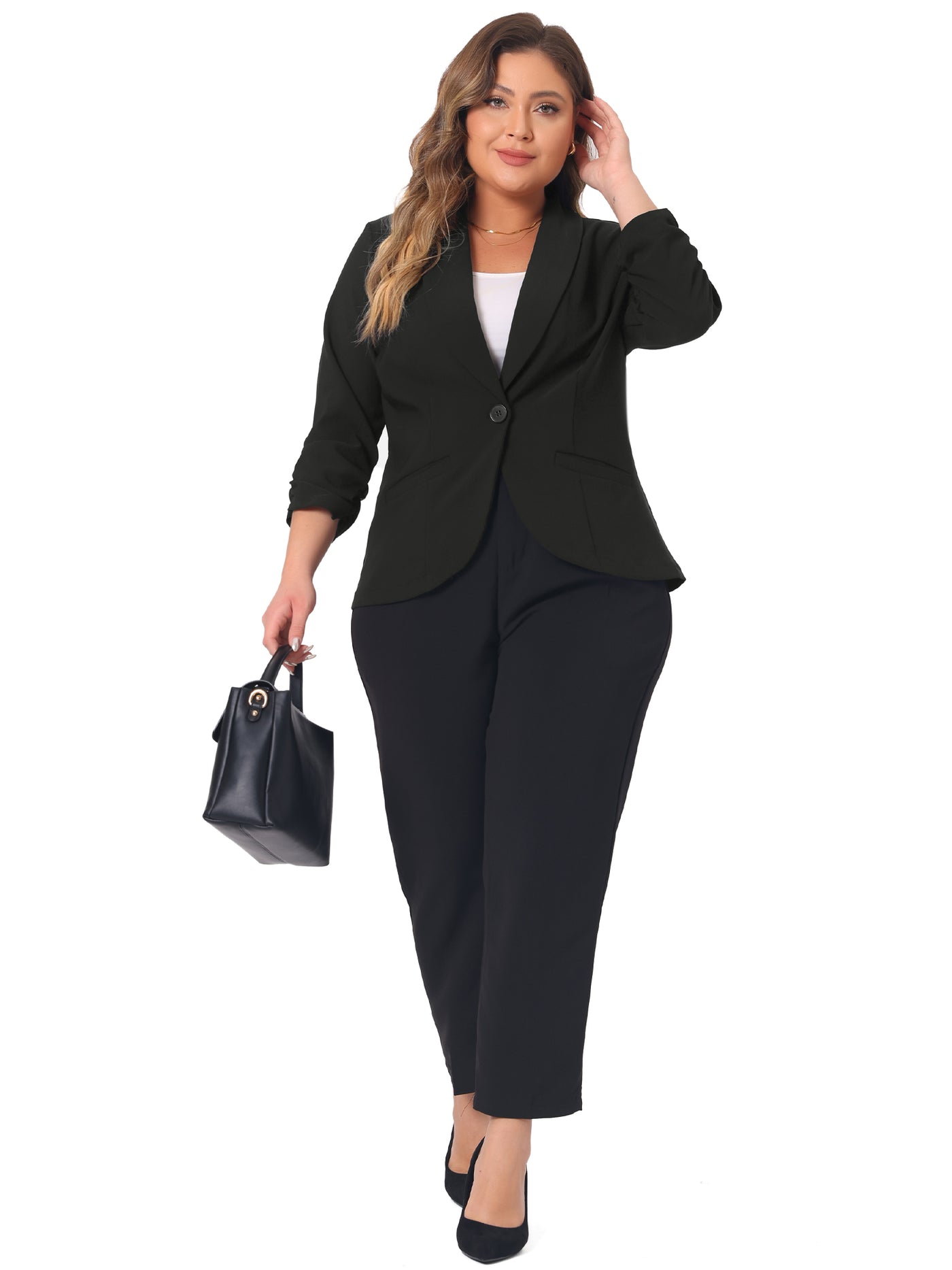 Bublédon Plus Size Blazer for Women 3/4 Ruched Sleeve Open Front Lightweight Work Office Suit Jacket