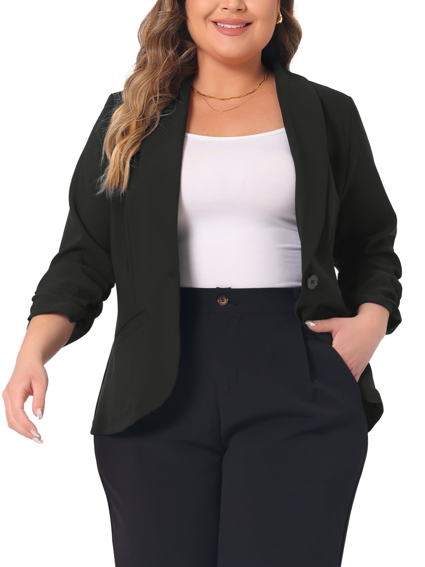 Bublédon Plus Size Blazer for Women 3/4 Ruched Sleeve Open Front Lightweight Work Office Suit Jacket