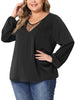 Plus Size Chiffon Blouses for Women V Neck Lace Panel Long Sleeve Elastic Cuff Casual Tops Shirts