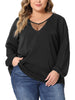 Plus Size Chiffon Blouses for Women V Neck Lace Panel Long Sleeve Elastic Cuff Casual Tops Shirts
