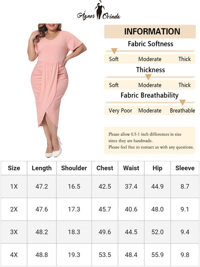 Plus Size Dresses for Women Elegant Short Sleeve Wrap V Neck Ruched Slit Bodycon Cocktail Dress