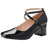 Square Toe Crisscross Strap Block Heel Pumps for Women