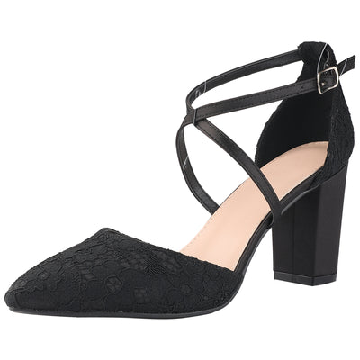 Pointed Toe Cross Straps Chunky Heel Lace Pumps for Women