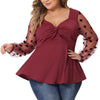 Plus Size V Neck Panel Heart Sheer Mesh Long Sleeve Shirts Blouses Babydoll Tops