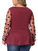 Plus Size V Neck Panel Heart Sheer Mesh Long Sleeve Shirts Blouses Babydoll Tops