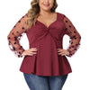 Plus Size V Neck Panel Heart Sheer Mesh Long Sleeve Shirts Blouses Babydoll Tops
