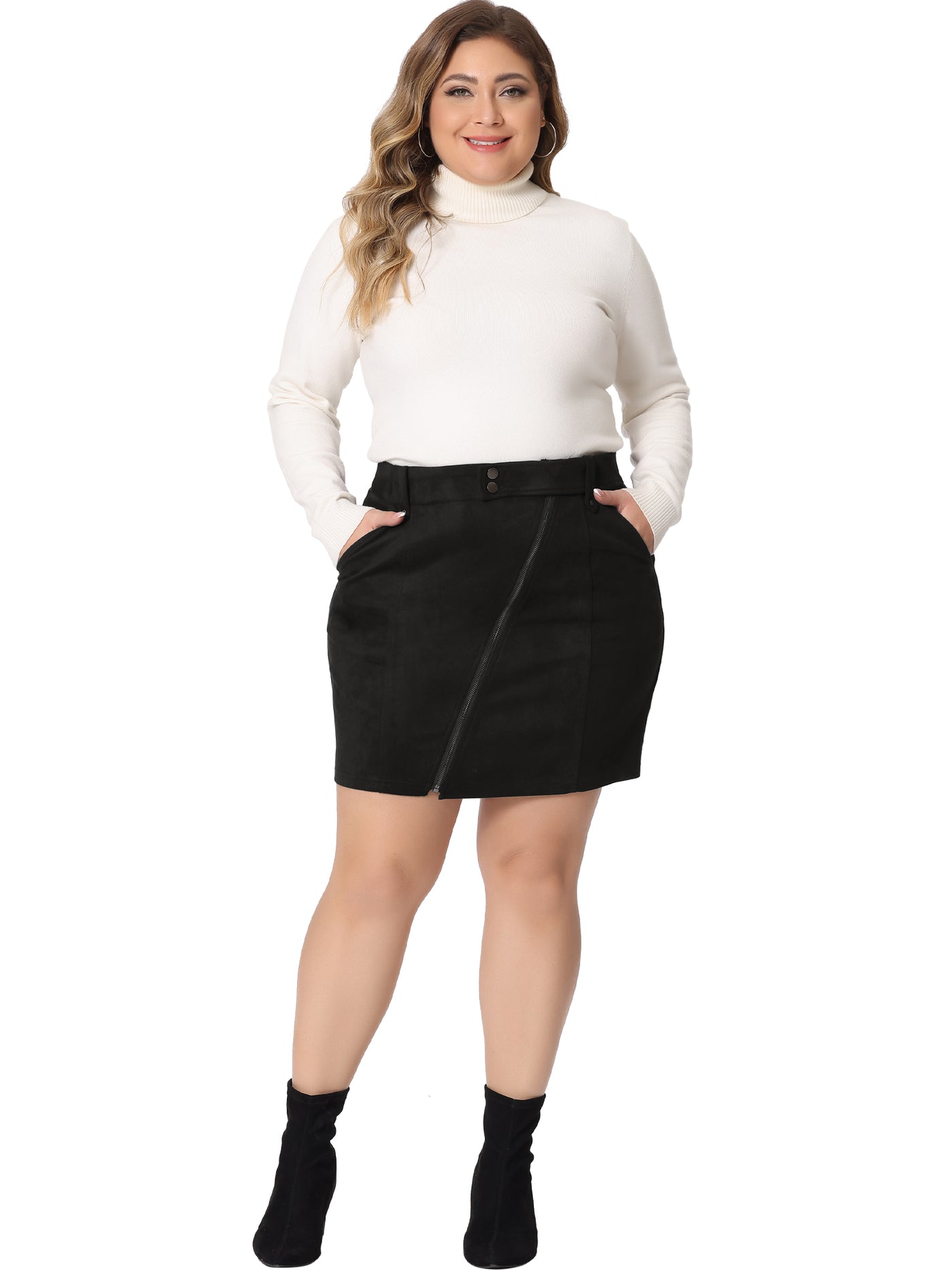 Bublédon Plus Size Skirt for Women Faux Suede Zipper Front Pockets Elastic Waist Mini Skirts