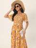 Casual Floral Short Flutter Sleeve V Neck Smocked High Waist Flowy Maxi Dress with Pockets