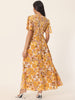 Casual Floral Short Flutter Sleeve V Neck Smocked High Waist Flowy Maxi Dress with Pockets