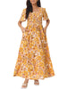 Casual Floral Short Flutter Sleeve V Neck Smocked High Waist Flowy Maxi Dress with Pockets