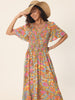 Casual Floral Short Flutter Sleeve V Neck Smocked High Waist Flowy Maxi Dress with Pockets