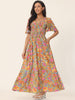 Casual Floral Short Flutter Sleeve V Neck Smocked High Waist Flowy Maxi Dress with Pockets