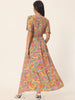 Casual Floral Short Flutter Sleeve V Neck Smocked High Waist Flowy Maxi Dress with Pockets