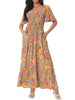 Casual Floral Short Flutter Sleeve V Neck Smocked High Waist Flowy Maxi Dress with Pockets