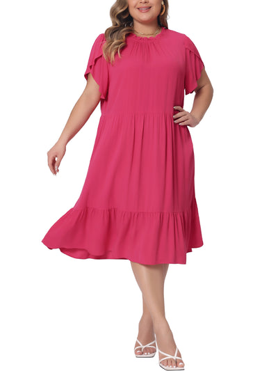 Plus Size Dress for Womens Tie Back Petal Sleeve Mock Neck Ruffle Hem A-Line Swing Midi Dresses