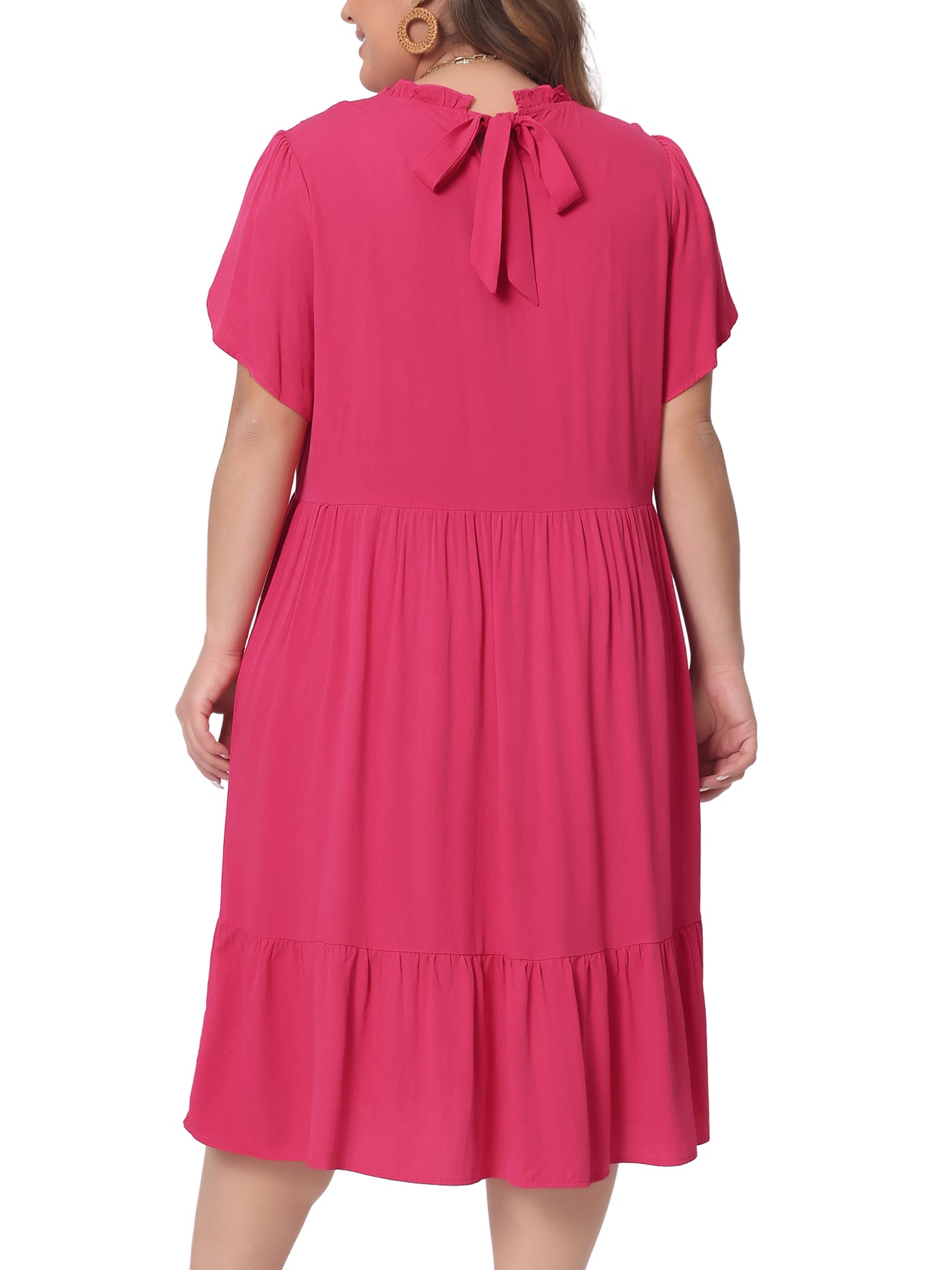 Bublédon Plus Size Dress for Womens Tie Back Petal Sleeve Mock Neck Ruffle Hem A-Line Swing Midi Dresses