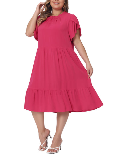 Plus Size Dress for Womens Tie Back Petal Sleeve Mock Neck Ruffle Hem A-Line Swing Midi Dresses
