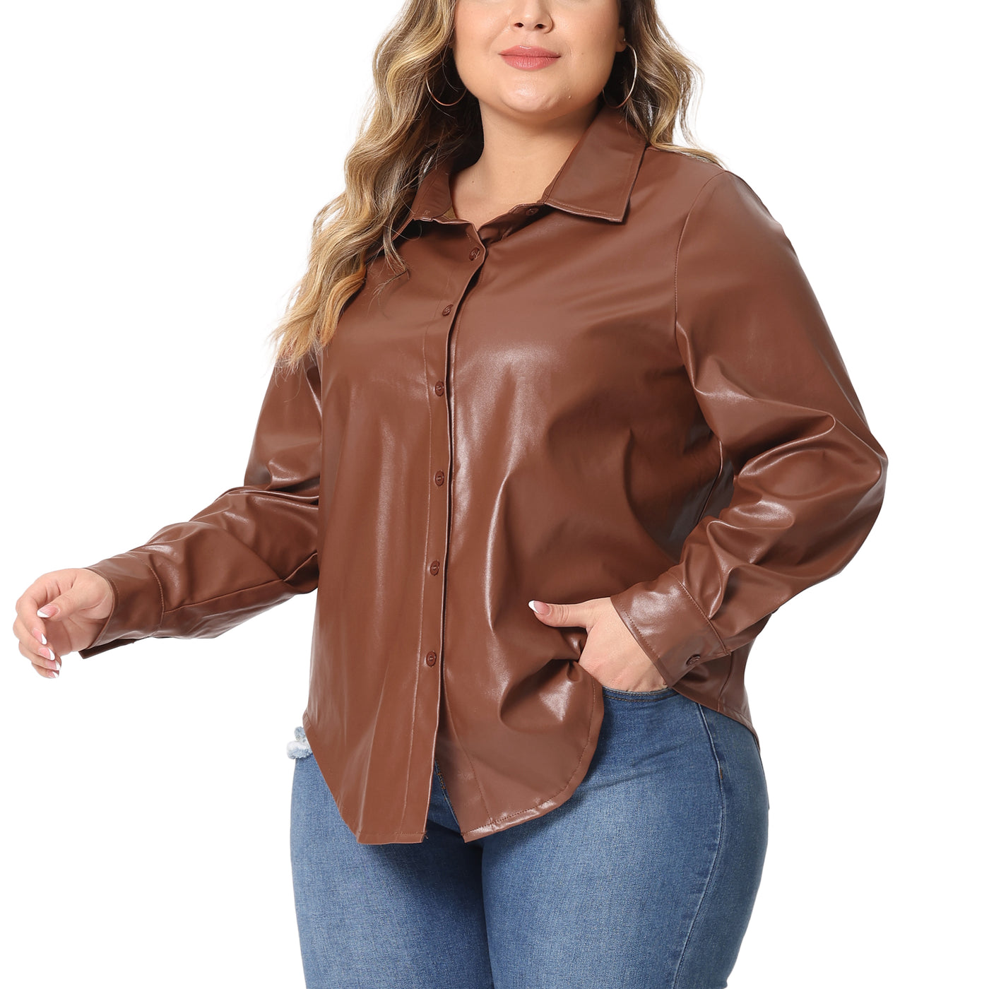 Bublédon Plus Size Faux Leather Shirts for Women Loose Fit Blazer Long Sleeves Button Motorcycle Biker Coat Casual Jacket