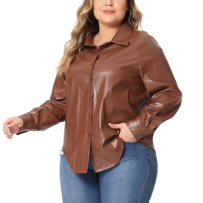 Plus Size Faux Leather Shirts for Women Loose Fit Blazer Long Sleeves Button Motorcycle Biker Coat Casual Jacket