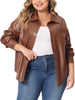 Plus Size Faux Leather Shirts for Women Loose Fit Blazer Long Sleeves Button Motorcycle Biker Coat Casual Jacket