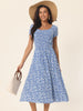 Casual Floral Crewneck Cap Sleeve Boho Flowy Midi Sun Dress with Pockets
