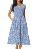 Casual Floral Crewneck Cap Sleeve Boho Flowy Midi Sun Dress with Pockets