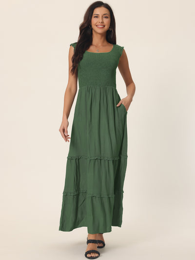 Sleeveless Summer Scoop Neck Ruffle Tiered Casual Maxi Dress with Pockets
