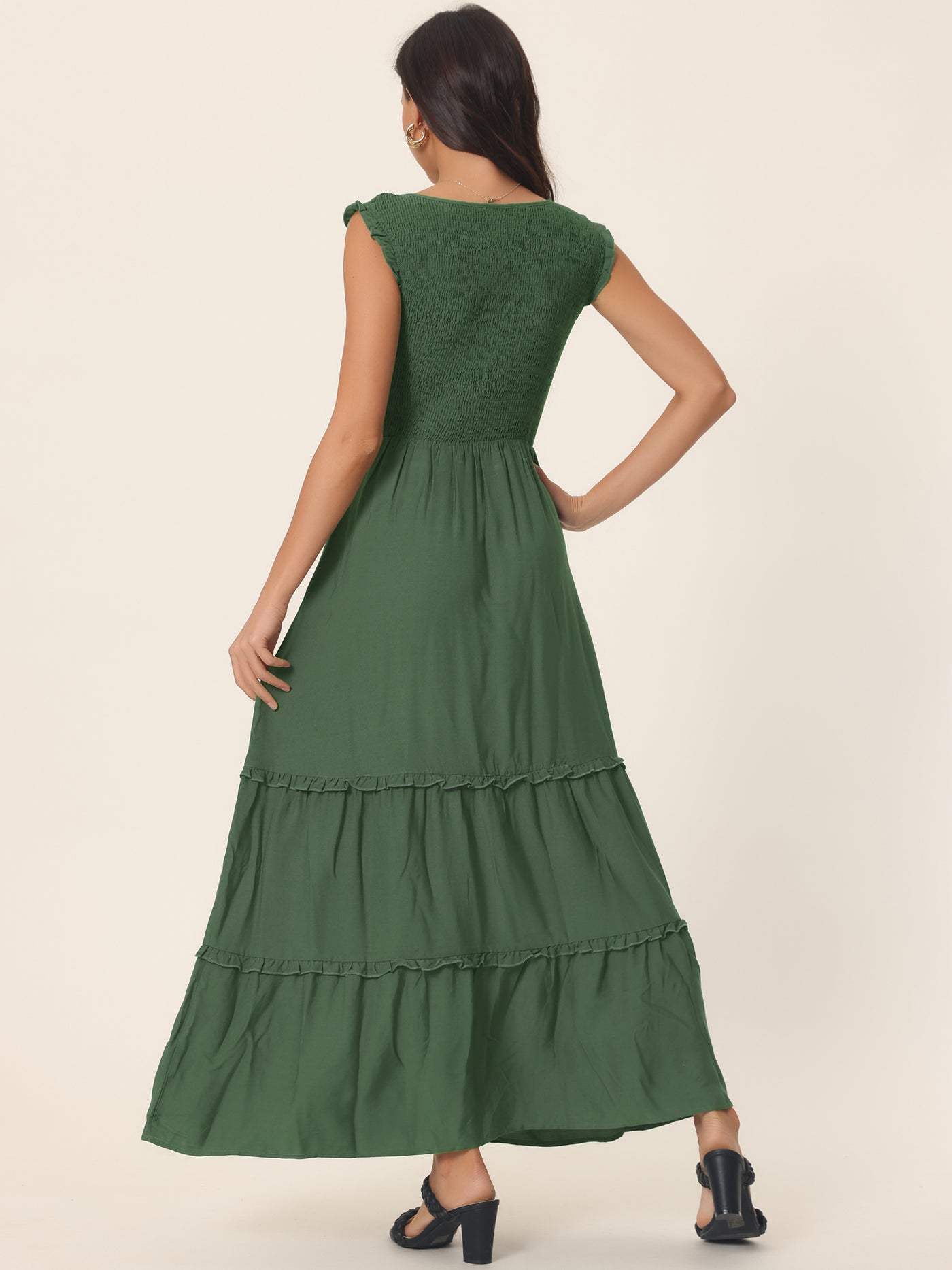 Bublédon Sleeveless Summer Scoop Neck Ruffle Tiered Casual Maxi Dress with Pockets