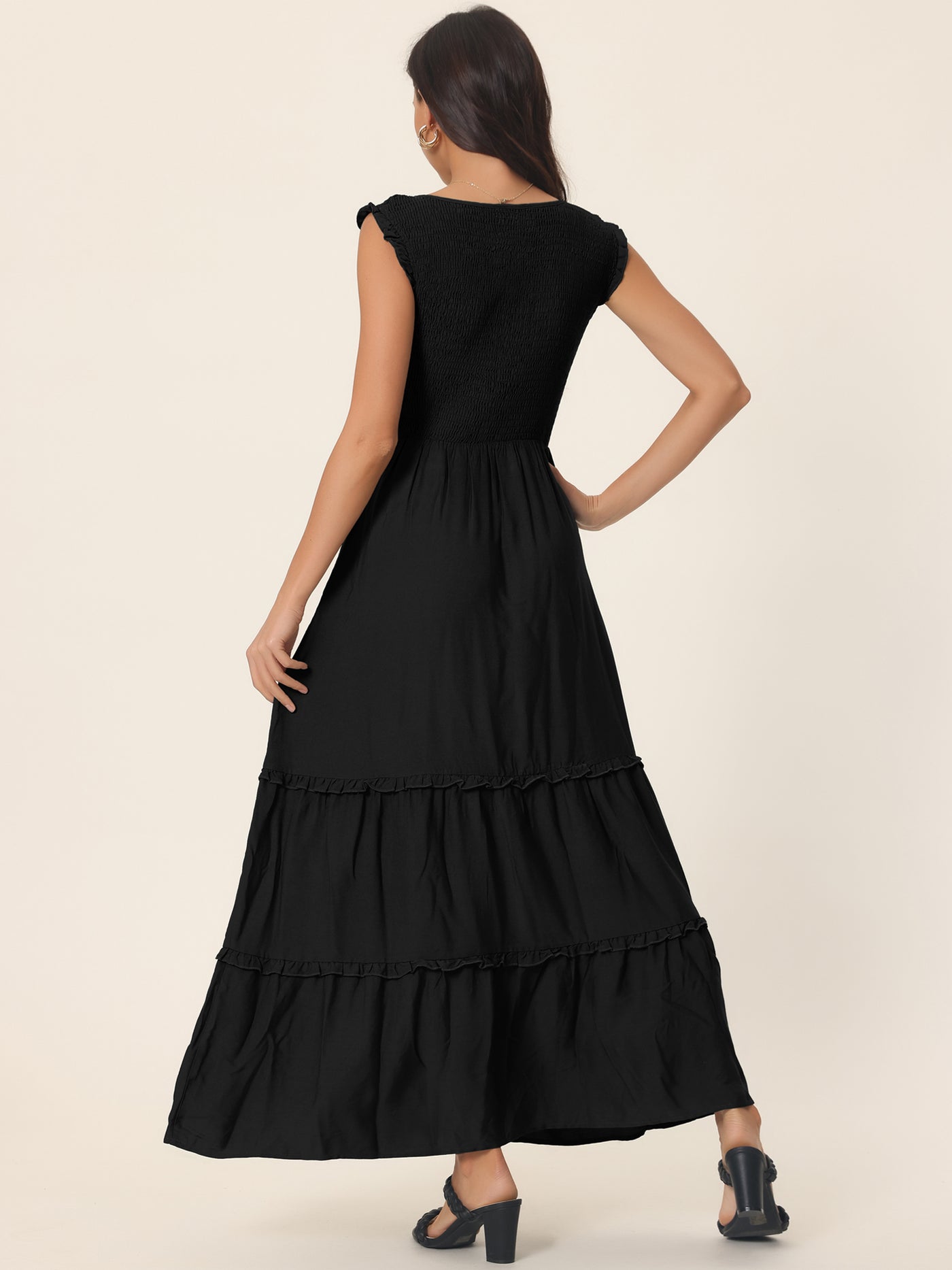 Bublédon Sleeveless Summer Scoop Neck Ruffle Tiered Casual Maxi Dress with Pockets