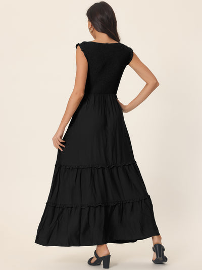 Sleeveless Summer Scoop Neck Ruffle Tiered Casual Maxi Dress with Pockets