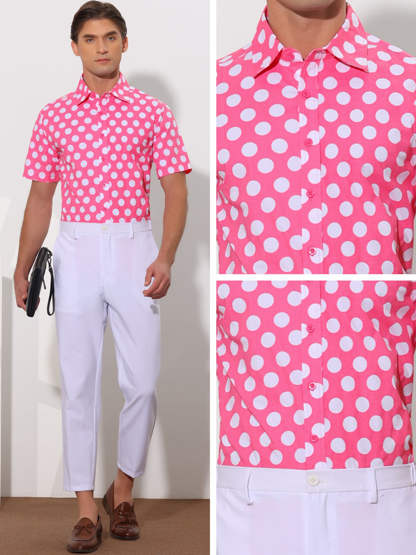 Bublédon Polka Dots Pattern Point Collar Short Sleeves Printed Dress Shirts