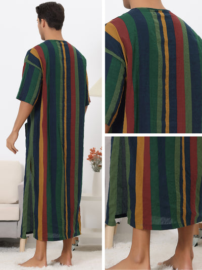 Striped Nightshirts for Men's Contrast Colors Long Sleeves Button Down Stripes Nightgown