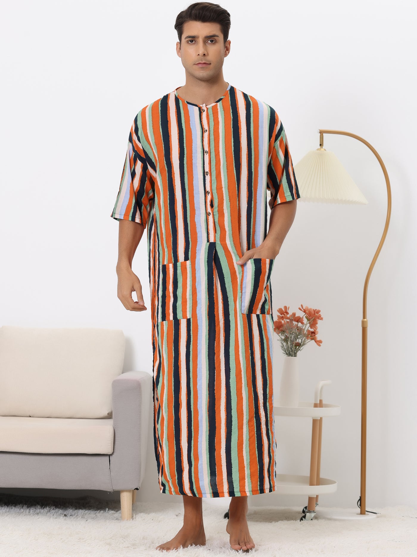 Bublédon Striped Nightshirts for Men's Contrast Colors Long Sleeves Button Down Stripes Nightgown