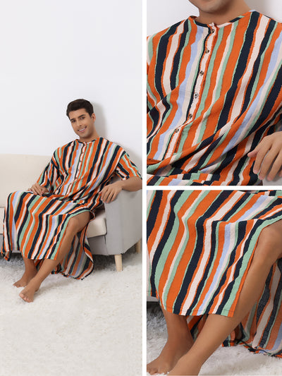 Striped Nightshirts for Men's Contrast Colors Long Sleeves Button Down Stripes Nightgown