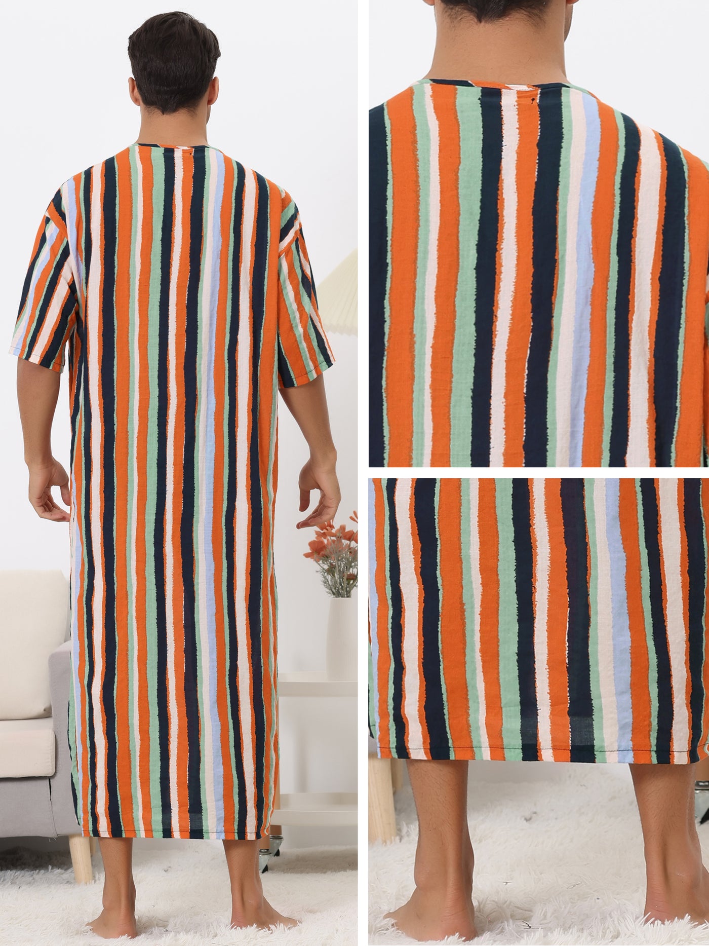 Bublédon Striped Nightshirts for Men's Contrast Colors Long Sleeves Button Down Stripes Nightgown