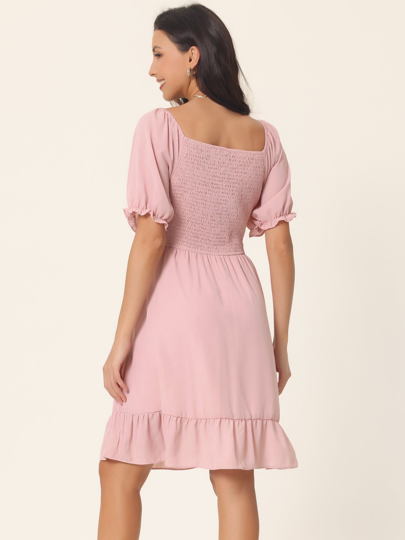 Bublédon Women's Summer Dresses Square Neck Puff Short Sleeve Smocked Back Ruffle A-Line Casual Mini Dress
