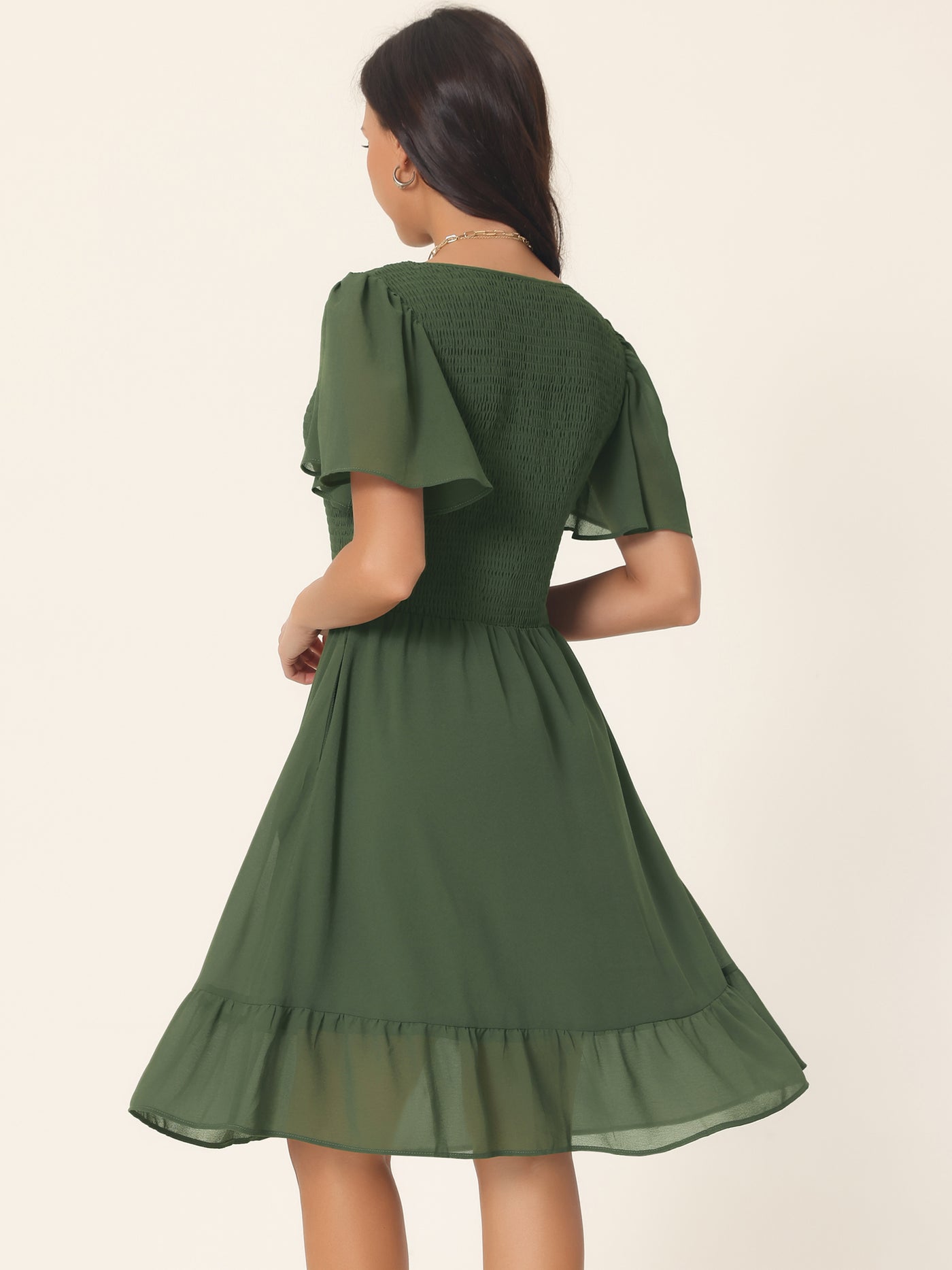 Bublédon Women's Flowy Chiffon Dresses Summer Smocked V Neck Flutter Short Sleeve Ruffle Casual Mini Dress