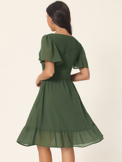 Women's Flowy Chiffon Dresses Summer Smocked V Neck Flutter Short Sleeve Ruffle Casual Mini Dress