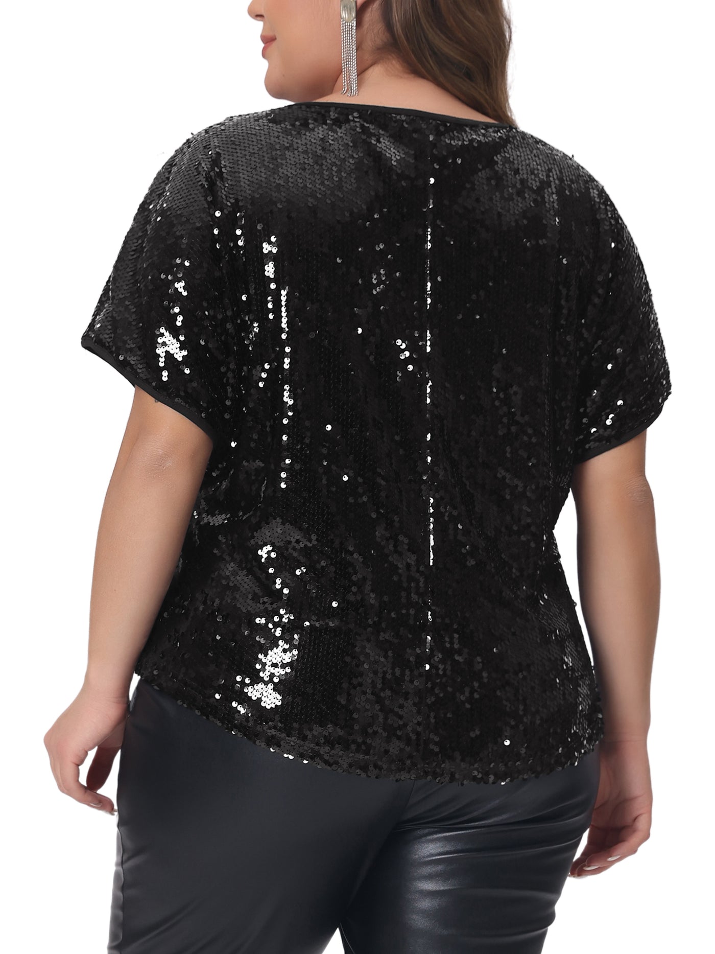 Bublédon Plus Size for Full Sequin Tops Women Glitter Party Shirt Short Sleeve Sparkle Club Night Blouses