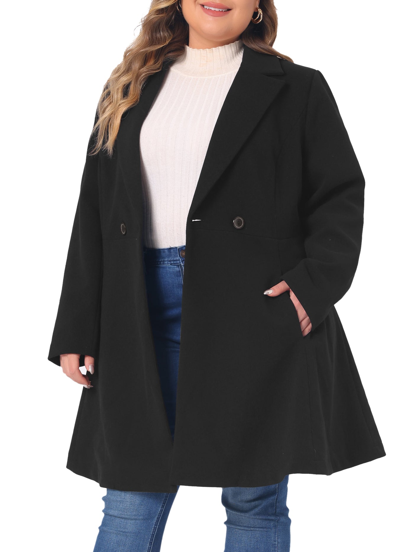 Bublédon Plus Size Peacoat for Women Elegant Notched Lapel Double Breasted Long Trench Coat
