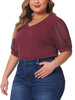 Plus Size Tops for Women V Neck Swiss Dots Puff Sleeve Shirts Loose Casual Blouses Tee Shirt